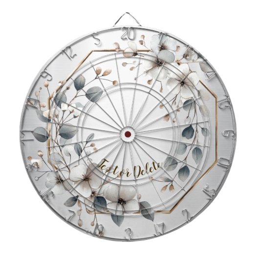 水彩ホワイトフラワーゴールデンフレームシルバーティール（緑がかった色） ダーツボード (正面)