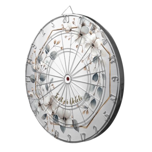 水彩ホワイトフラワーゴールデンフレームシルバーティール（緑がかった色） ダーツボード (正面右)