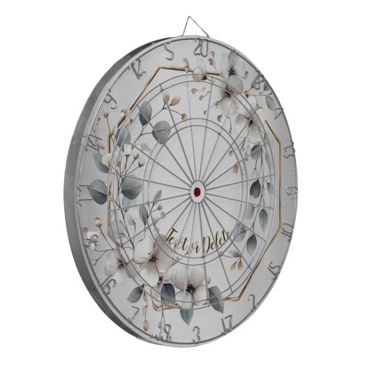 水彩ホワイトフラワーゴールデンフレームシルバーティール（緑がかった色） ダーツボード (正面左)