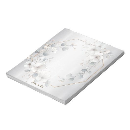 水彩ホワイトフラワーゴールデンフレームシルバーティール(緑がかった色) ノートパッド (回転)