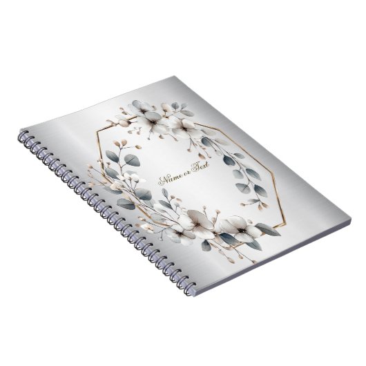 水彩ホワイトフラワーゴールデンフレームシルバーティール（緑がかった色） ノートブック (右側)