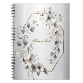 水彩ホワイトフラワーゴールデンフレームシルバーティール(緑がかった色) ノートブック