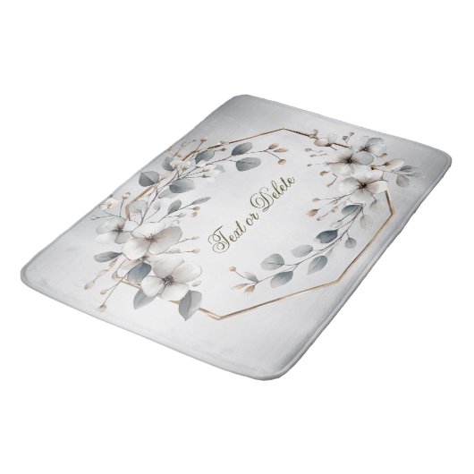 水彩ホワイトフラワーゴールデンフレームシルバーティール（緑がかった色） バスマット (アングル)