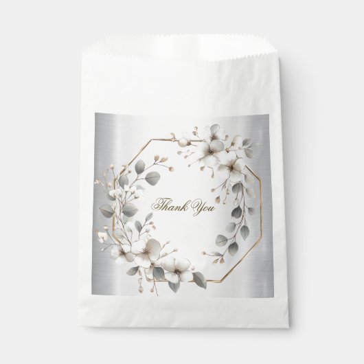 水彩ホワイトフラワーゴールデンフレームシルバーティール（緑がかった色） フェイバーバッグ (正面)