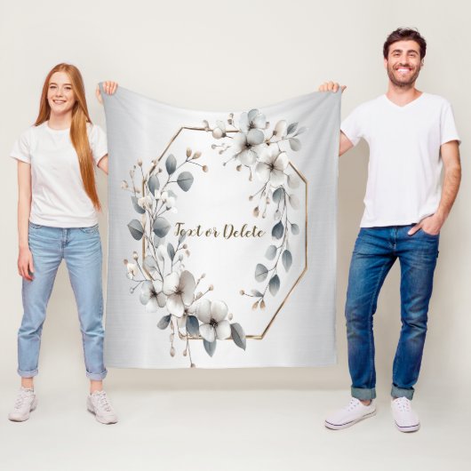 水彩ホワイトフラワーゴールデンフレームシルバーティール(緑がかった色) フリースブランケット (インサイチュ)