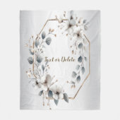 水彩ホワイトフラワーゴールデンフレームシルバーティール(緑がかった色) フリースブランケット (正面)