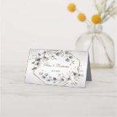 水彩ホワイトフラワーゴールデンフレームシルバーティール(緑がかった色) プレイスカード (裏面)