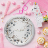 水彩ホワイトフラワーゴールデンフレームシルバーティール(緑がかった色) ペーパープレート (パーティー)