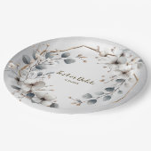 水彩ホワイトフラワーゴールデンフレームシルバーティール(緑がかった色) ペーパープレート (アングル)