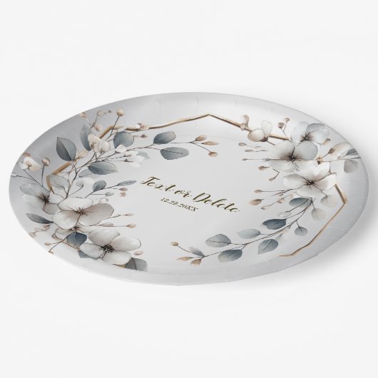 水彩ホワイトフラワーゴールデンフレームシルバーティール（緑がかった色） ペーパープレート (アングル)