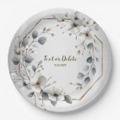 水彩ホワイトフラワーゴールデンフレームシルバーティール（緑がかった色） ペーパープレート (正面)