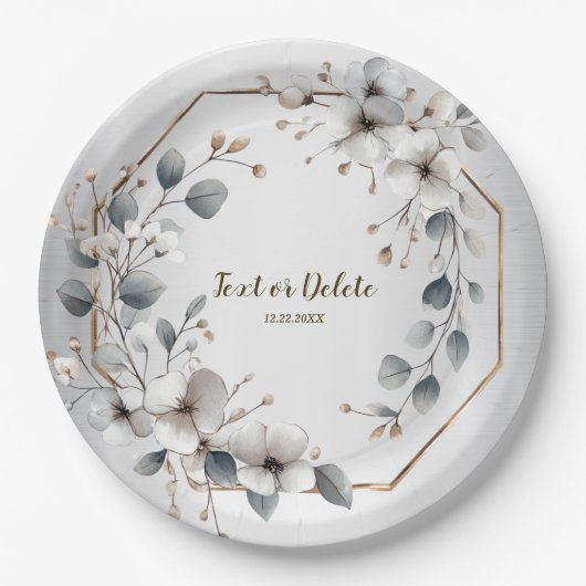 水彩ホワイトフラワーゴールデンフレームシルバーティール(緑がかった色) ペーパープレート (正面)