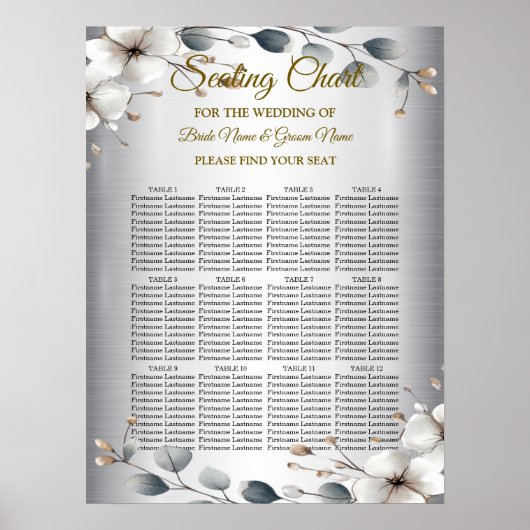 水彩ホワイトフラワーゴールデンフレームシルバーティール（緑がかった色） ポスター (正面)