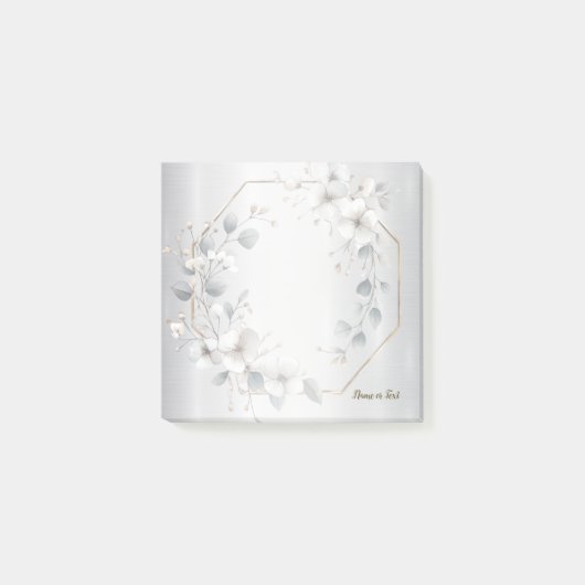 水彩ホワイトフラワーゴールデンフレームシルバーティール(緑がかった色) ポストイット (正面)