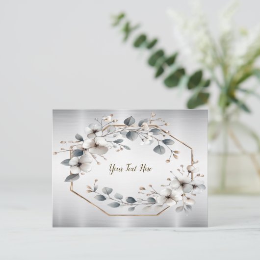 水彩ホワイトフラワーゴールデンフレームシルバーティール（緑がかった色） ポストカード (スタンド正面)