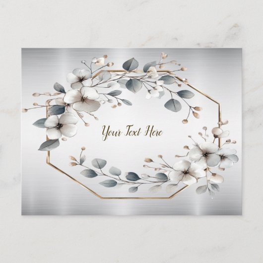 水彩ホワイトフラワーゴールデンフレームシルバーティール（緑がかった色） ポストカード (正面)