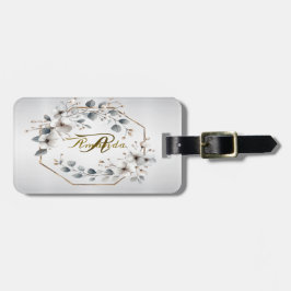 水彩ホワイトフラワーゴールデンフレームシルバーティール（緑がかった色） ラゲッジタグ