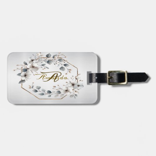 水彩ホワイトフラワーゴールデンフレームシルバーティール(緑がかった色) ラゲッジタグ (正面横)