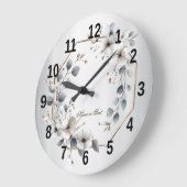 水彩ホワイトフラワーゴールデンフレームシルバーティール(緑がかった色) ラージ壁時計 (傾斜)