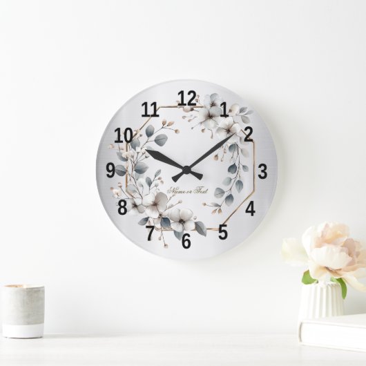 水彩ホワイトフラワーゴールデンフレームシルバーティール（緑がかった色） ラージ壁時計 (ホーム)