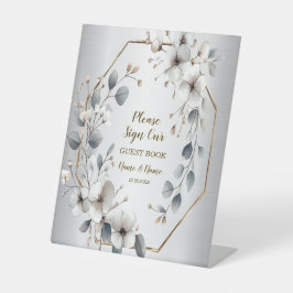 水彩ホワイトフラワーゴールデンフレームシルバーティール（緑がかった色） 台座サイン