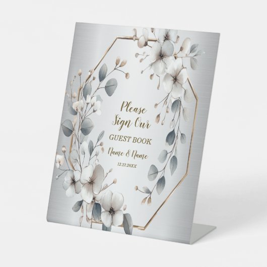 水彩ホワイトフラワーゴールデンフレームシルバーティール(緑がかった色) 台座サイン (正面)