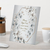 水彩ホワイトフラワーゴールデンフレームシルバーティール(緑がかった色) 台座サイン (インサイチュ)