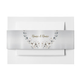 水彩ホワイトフラワーゴールデンフレームシルバーティール（緑がかった色） 招待状ベリーバンド