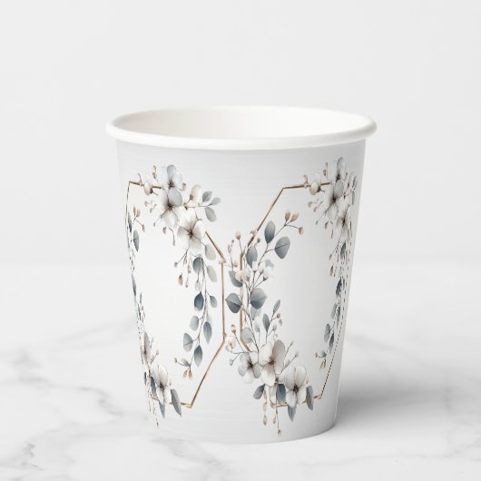 水彩ホワイトフラワーゴールデンフレームシルバーティール（緑がかった色） 紙コップ (裏面)