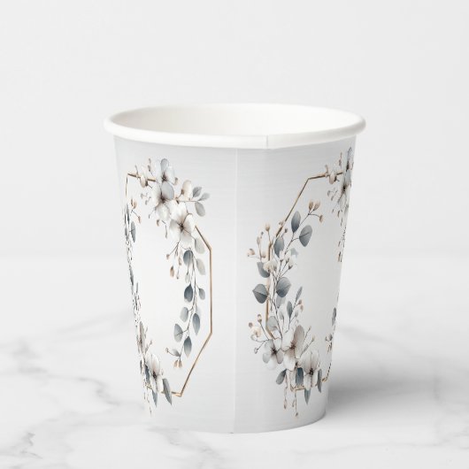 水彩ホワイトフラワーゴールデンフレームシルバーティール（緑がかった色） 紙コップ (右)
