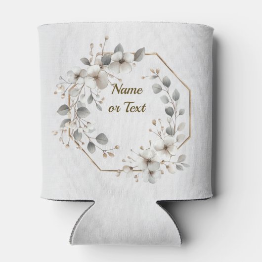 水彩ホワイトフラワーゴールデンフレームシルバーティール（緑がかった色） 缶クーラー (裏面)