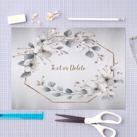 水彩ホワイトフラワーゴールデンフレームシルバーティール(緑がかった色) 薄葉紙 (クラフト)