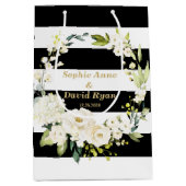 水彩ホワイトフローラストライプリース結婚ズ ミディアムペーパーバッグ (正面)