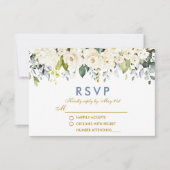 水彩ホワイトフローラダスティブルー金ゴールド結婚ズ 出欠カード (正面)