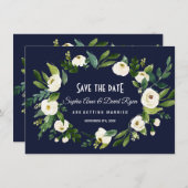 水彩ホワイトフローラダークブルー日付の保存 招待状 (正面/裏面)