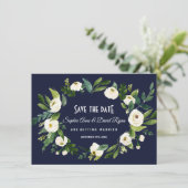 水彩ホワイトフローラダークブルー日付の保存 招待状 (スタンド正面)