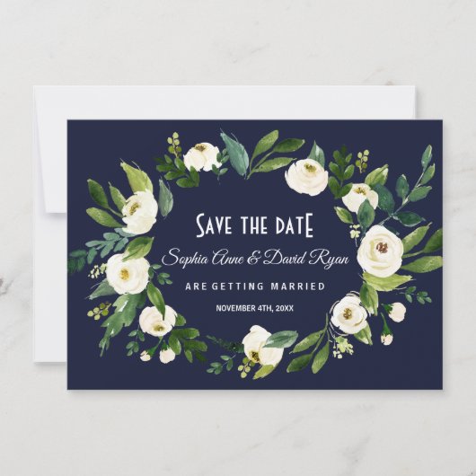 水彩ホワイトフローラダークブルー日付の保存 招待状 (正面)