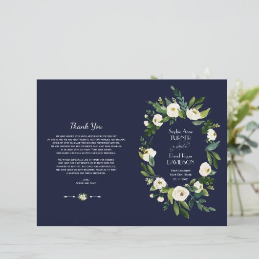 水彩ホワイトフローラダークブルー結婚式 プログラム (スタンド正面)