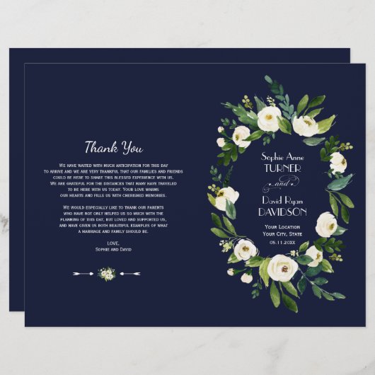 水彩ホワイトフローラダークブルー結婚式 プログラム (正面/裏面)