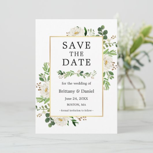 水彩ホワイトフローラ日付カードの保存 セーブザデート (スタンド正面)