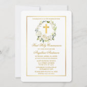 水彩ホワイトフローラ金ゴールドクロス聖餐式 招待状 (正面)