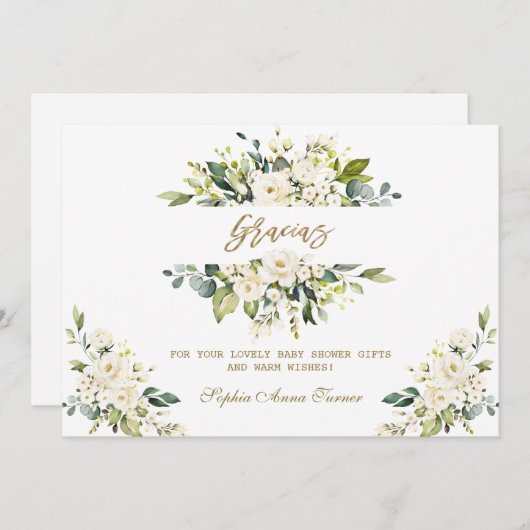 水彩ホワイトフローラ金ゴールドグラシアスベビーシャワー サンキューカード (正面/裏面)