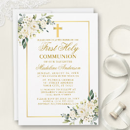 水彩ホワイトフローラ金ゴールド第1聖体 招待状