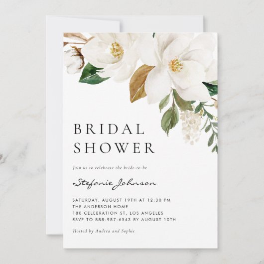 水彩ホワイトマグノリア素朴ブライダルシャワー 招待状 (正面)
