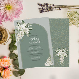 水彩ホワイトリリーと緑の背景ベビーSh 招待状