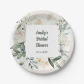 水彩ホワイトローズフラワーパネルブライダルシャワー ペーパープレート (正面)