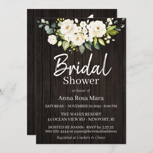 *~*水彩ホワイトローズ素朴ブライダルシャワー 招待状 (正面/裏面)