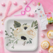 水彩ホワイトローズ ペーパープレート (パーティー)