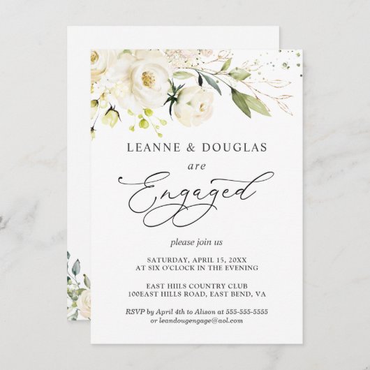 水彩ホワイトローゼズリーフ婚約パーティ 招待状 (正面/裏面)