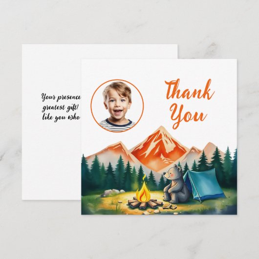水彩ホワイト キャンピングベア 子供 写真 誕生日 サンキューカード (正面/裏面)